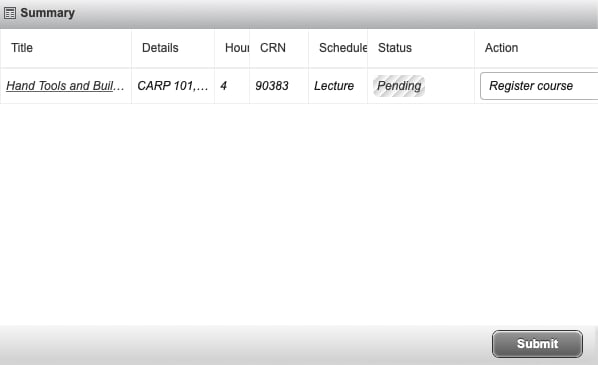 A course registration summary showing a single course pending registration