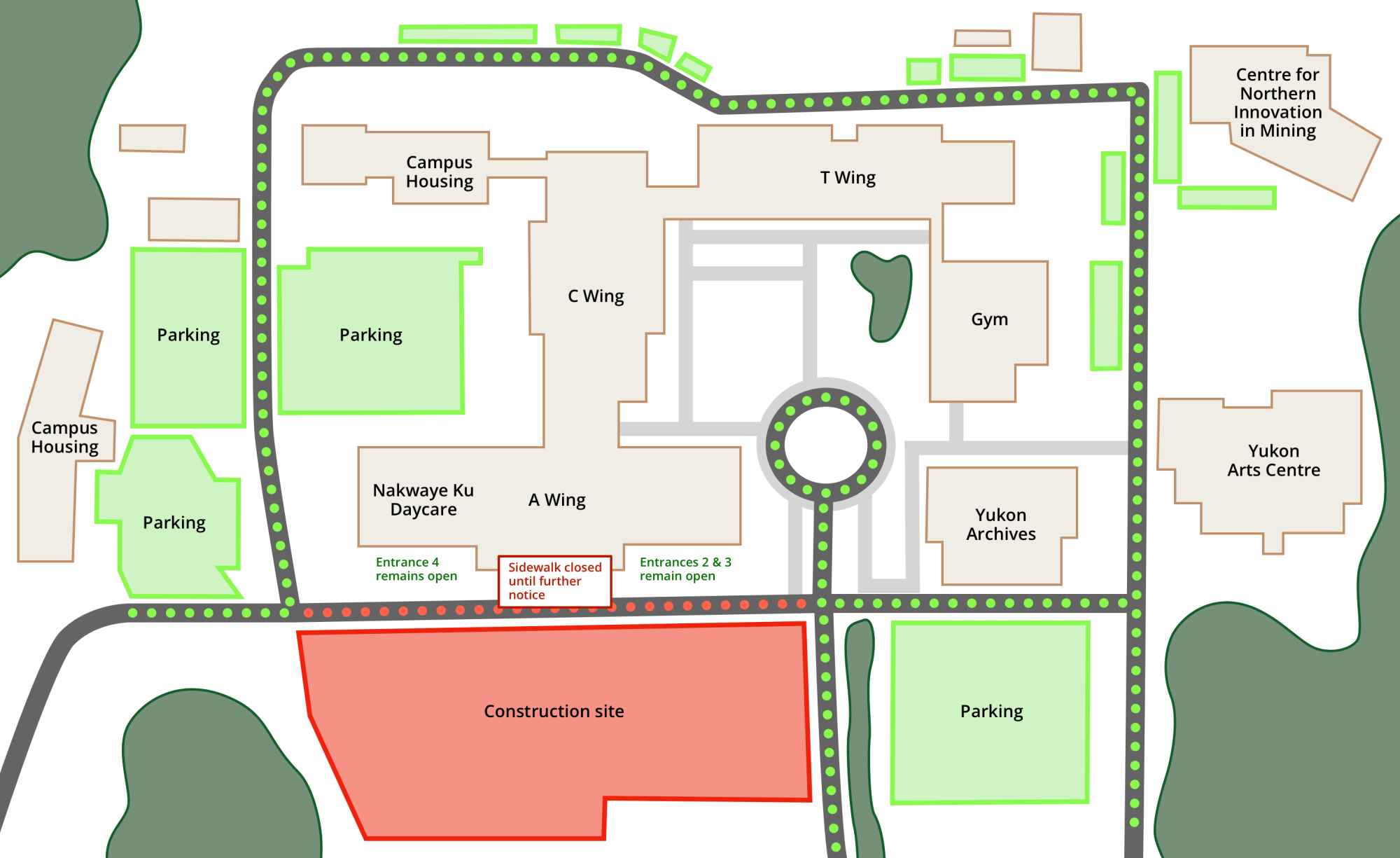 Yukon University campus road and parking map
