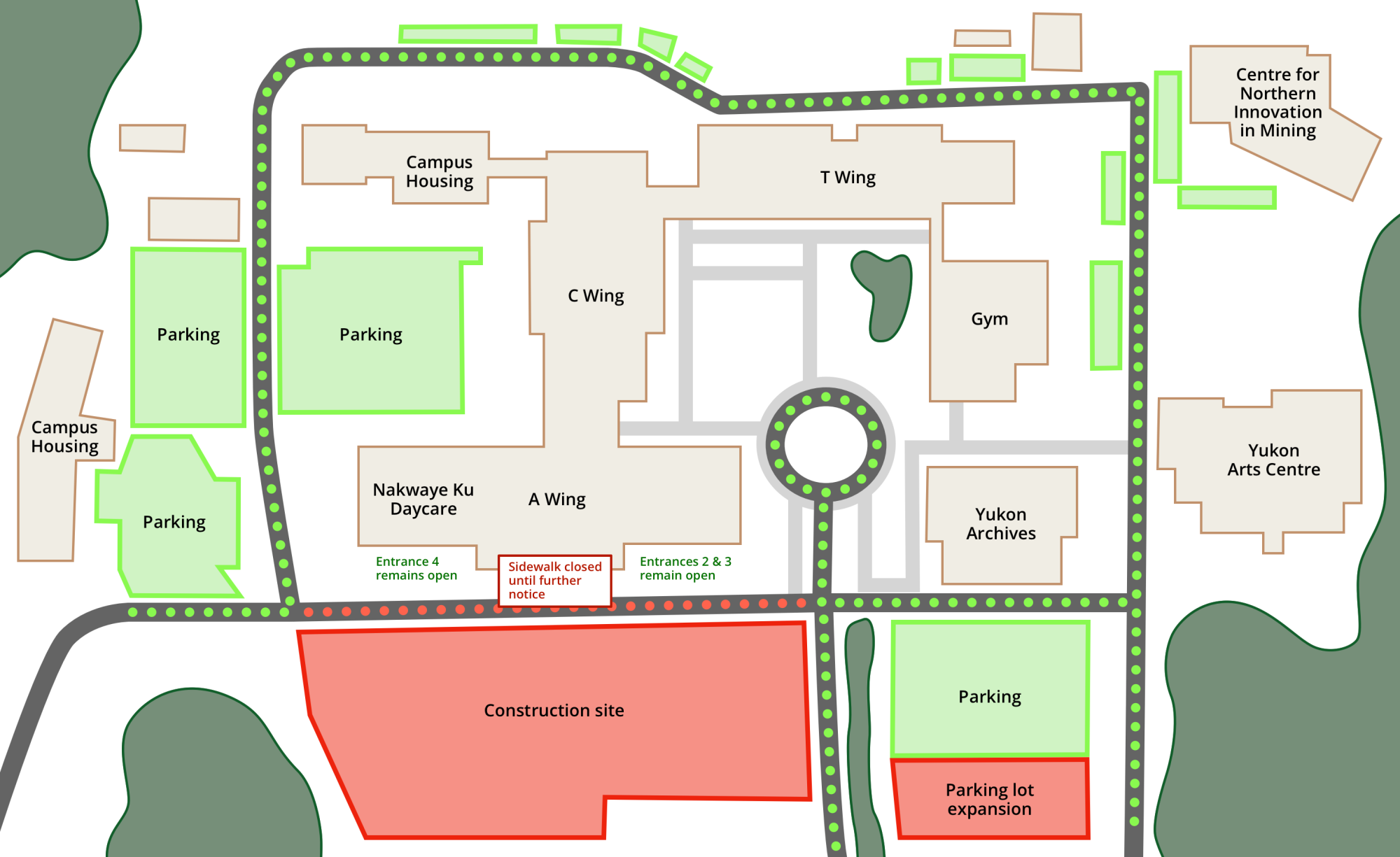 Campus map showing areas of construction and parking
