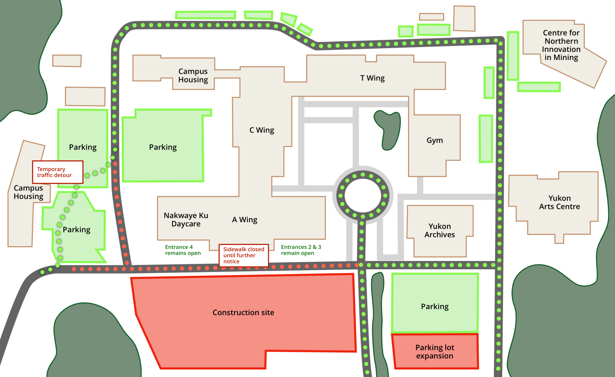 Campus map showing areas of construction and parking