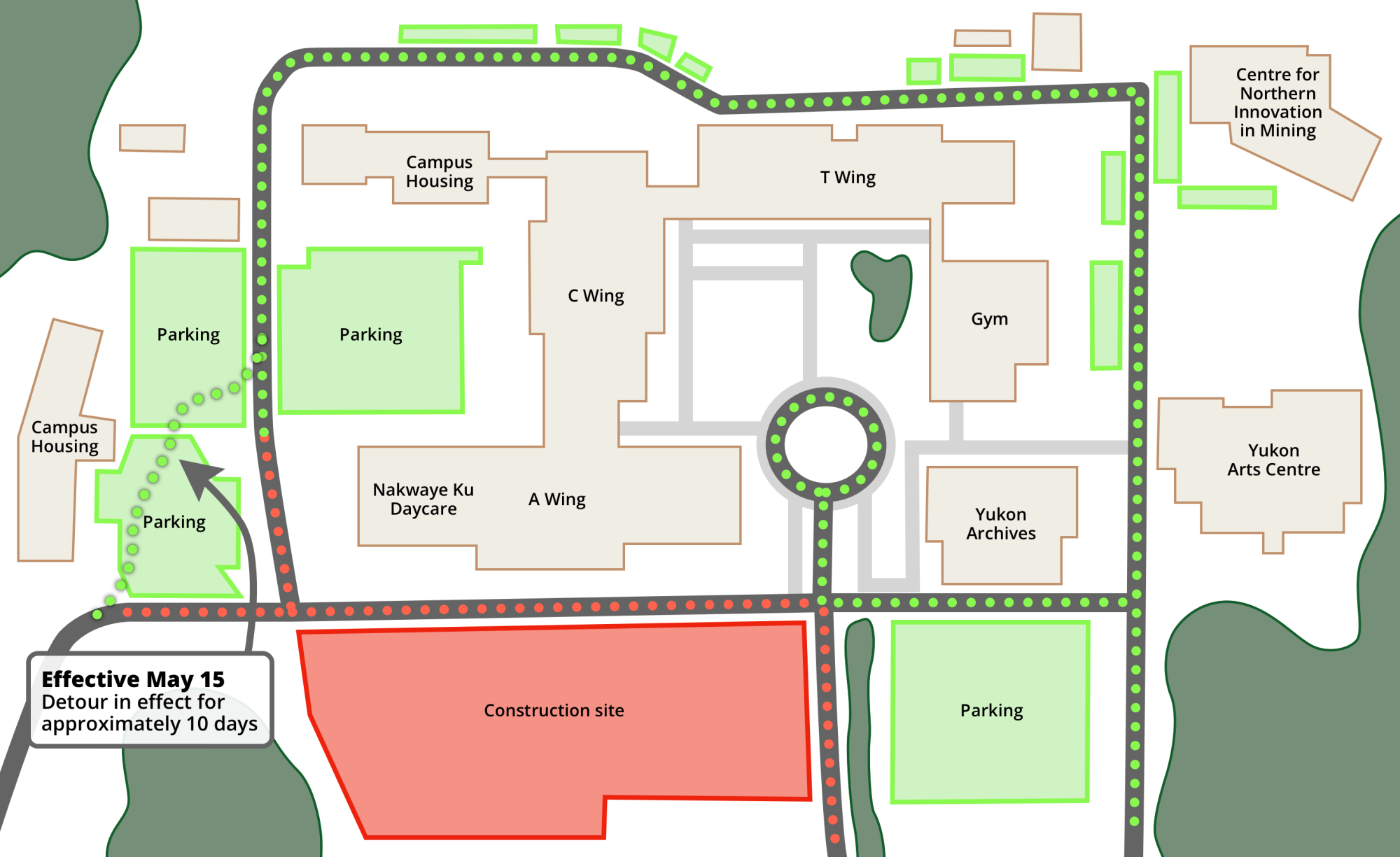 Yukon University Ayamdigut campus map with parking lots and road detours notated