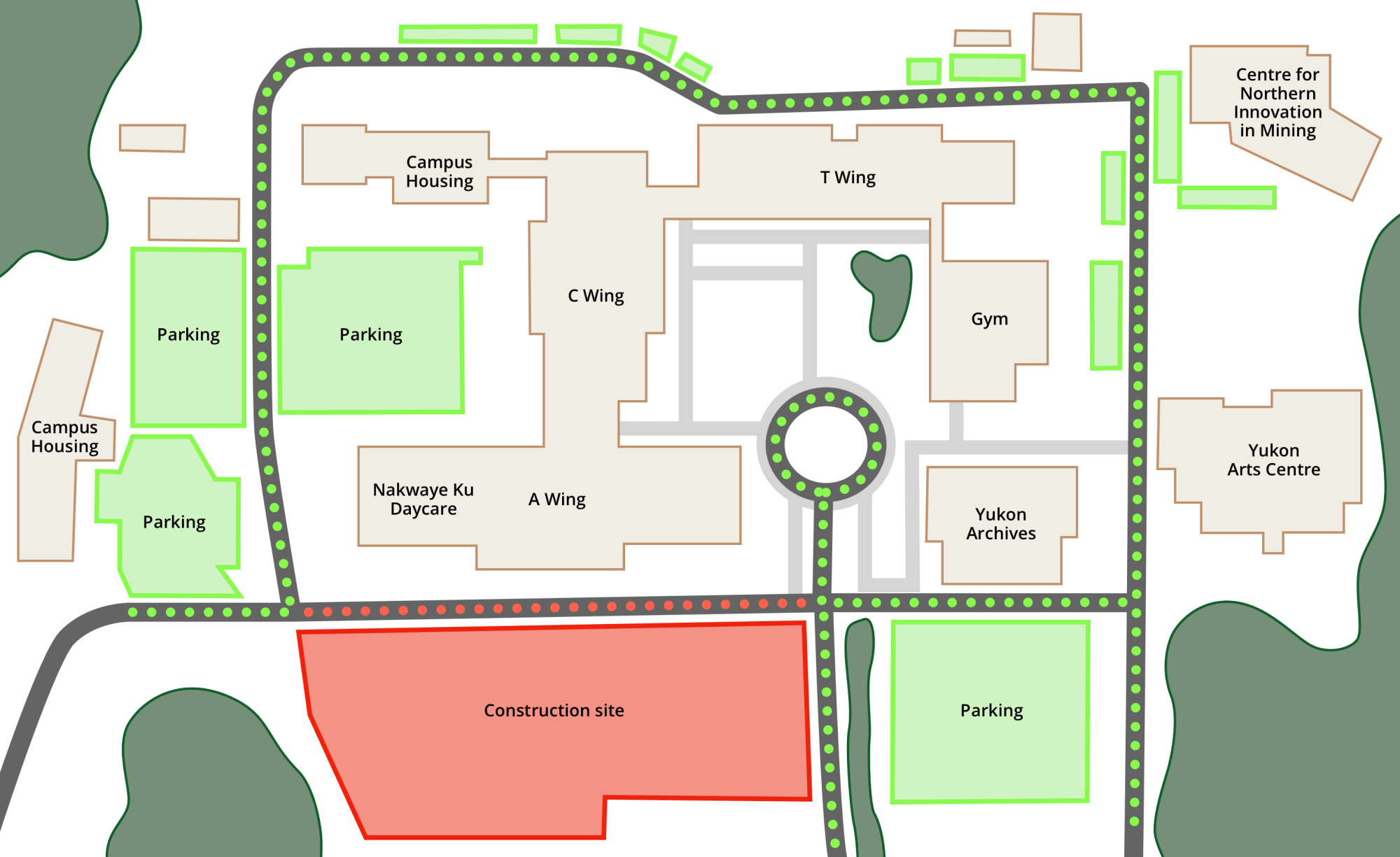 Ayamdigut campus map showing parking areas and road closures