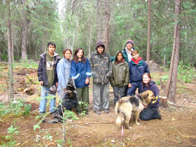 Some of the 2006 Fort Selkirk Field Crew (left to right): Curtis Joe, Dayna Joe, Victoria Castillo, Delaney Alfred, Lyndelle Johnson, Morgan Ritchie, Lauren McGinty, Sam Darling, Lala (the dog).