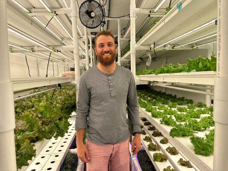 A bearded man, smiling posing in front of green plants in a greenhouse