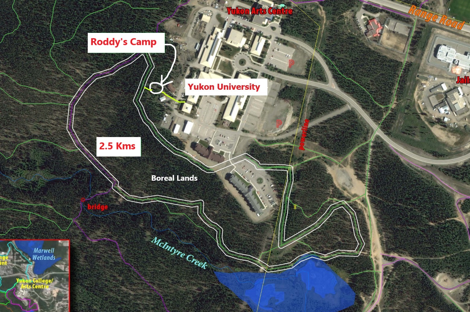 Map showing Ayamdigut Campus and Marker for Roddy's Camp connecting to the Boreal Lands Trail