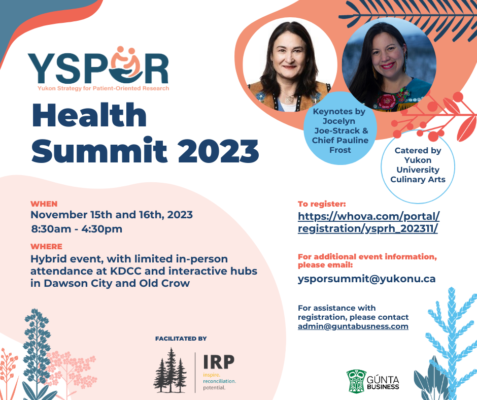 Poster promoting YSPOR Health Summit 2023. November 15-16, 2023, 8:30am-4:30pm. Hybrid event with limited in-person attendance at KDCC and interactive hubs in Dawson City and Old Crow.