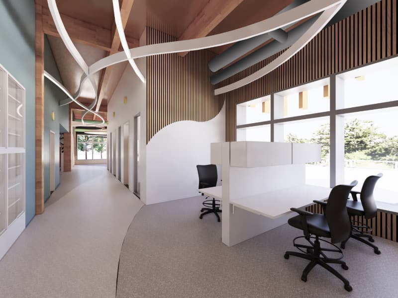 Rendering of a corridor study space in the science building