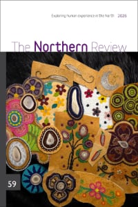 Cover of The Northern Review issue 59. A collection of moose hides with beaded artwork.