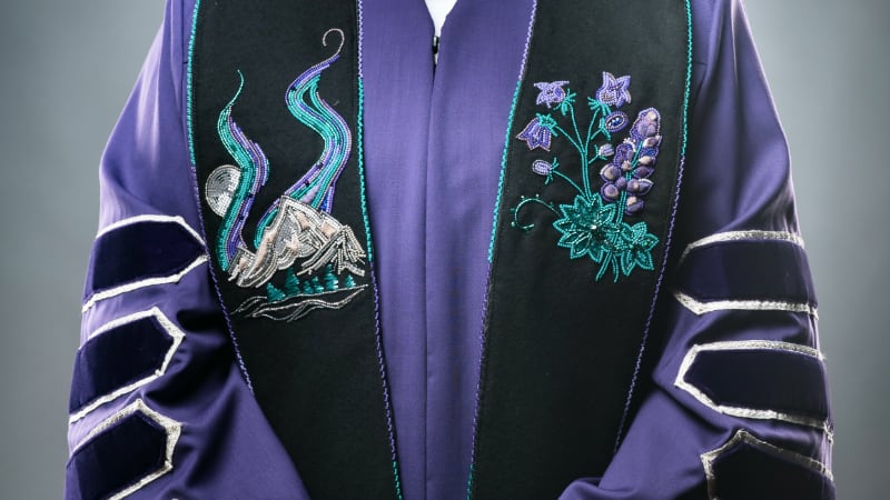 Presidential regalia, purple robes and black stole with beaded artwork