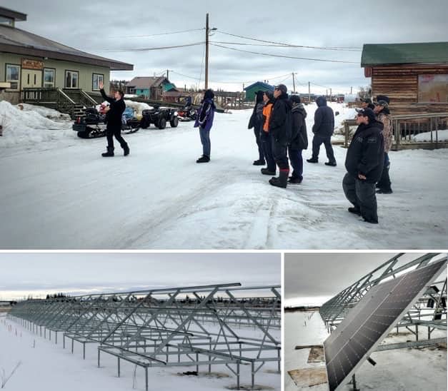 Three images: 1) Dr. Michael Ross explaining power lines and systems in Old Crow, April 2019. 2) Solar farm frames in place prior to panel installation, April 2019. 3) The first few panels are installed.