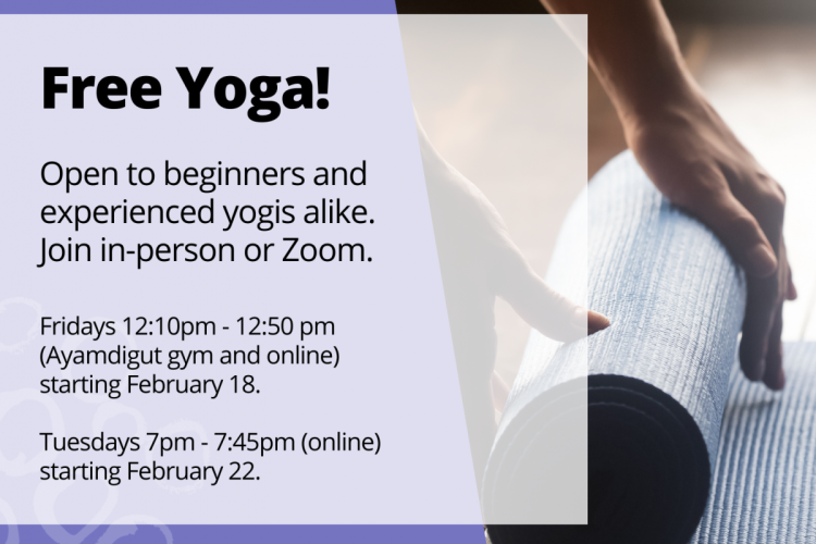 The text "Free Yoga! Open to beginners and experienced yogis alike. Join in-person or Zoom. Fridays 12:10pm - 12:50pm (Ayamdigut gym and online) starting February 18. Tuesdays 7pm-7:45pm (online) starting February 22." The background shows two hands unrolling a yoga mat.