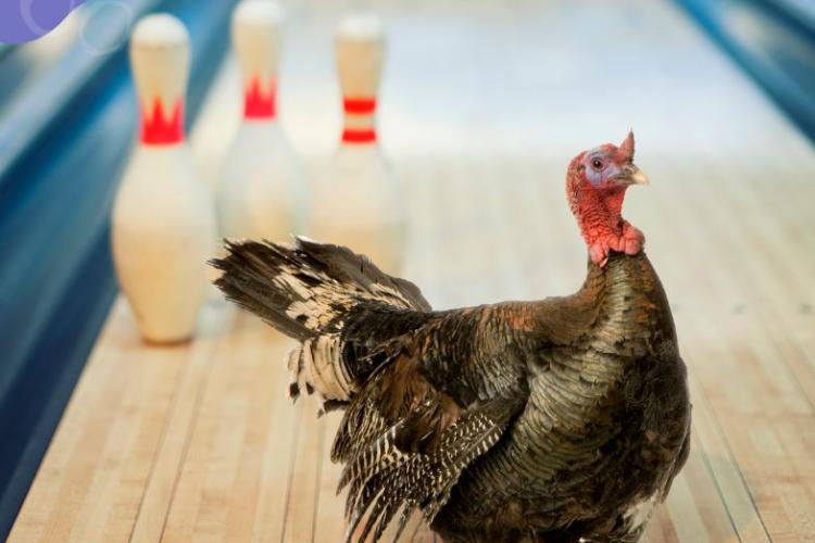 Turkey in front of bowling pins