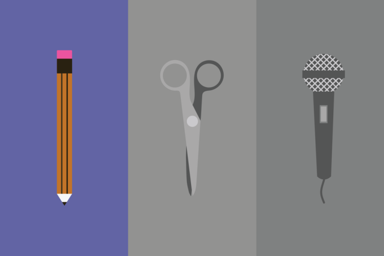 An illustration of a pencil, scissors, and microphone. The pencil is in colour, and the other items are muted grey.