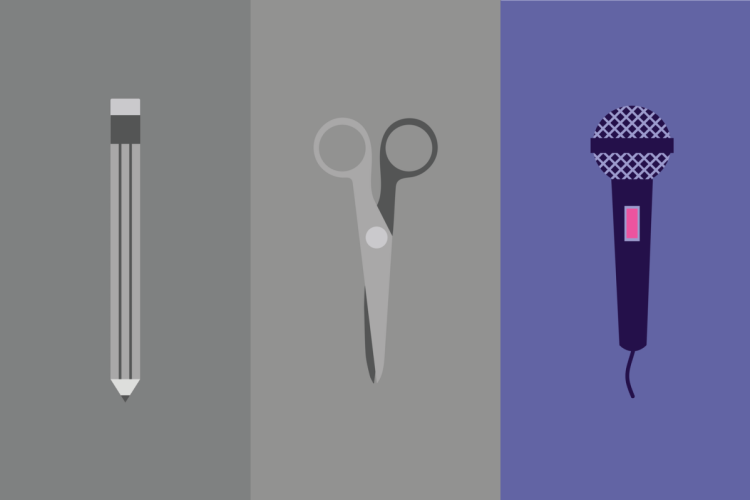 An illustration of a pencil, scissors, and microphone. The microphone is in colour, and the other items are muted grey.