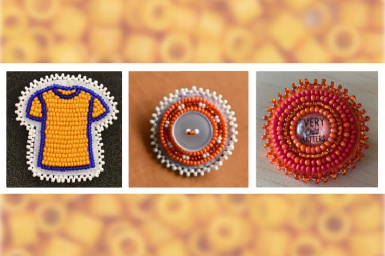 Three completed orange beading projects