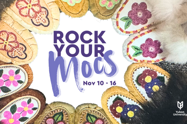 A series of beaded pairs of moccasins in a circle around the words "Rock Your Mocs, Nov 10-16"