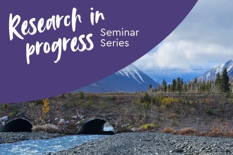 Photo of a river running through culverts under a road with a mountain in the background. Overlaid with a purple decorative element and the text "Research in progress seminar series"