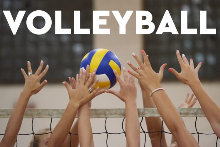 Several people's hands reaching up towards a blue and yellow volleyball floating just above a net