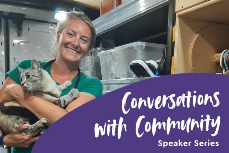 A veterinarian wearing scrubs, smiling and holding a cat. Text overlay reads "Conversations with Community Speaker Series"