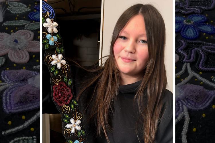 A teenager with long hair holds up a beaded belt