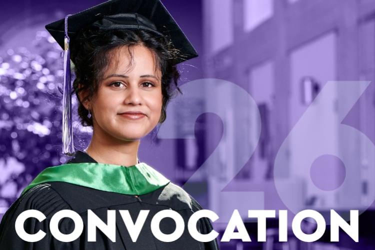 A woman in black robes with green sash and wearing a mortarboard. Text overlay reads Convocation '26.