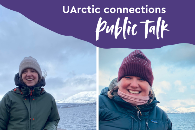 Two photos of people on a boat wearing winter coats and knit hats. A text overlay reads "UArctic connections Public Talk"