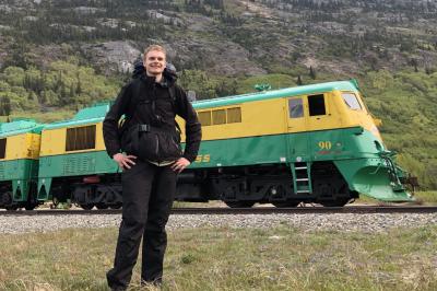 Research student Leif Rupke in front of train
