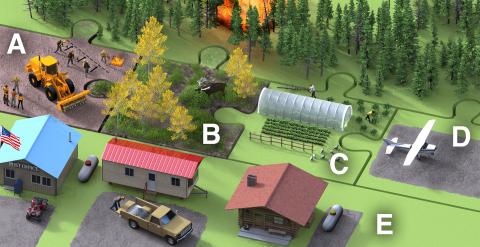 Illustration showing building and agricultural space next to a forest and green area