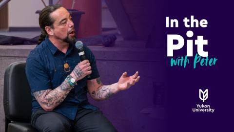 Peter Johnston speaking into a microphone next to the title "In the Pit with Peter"