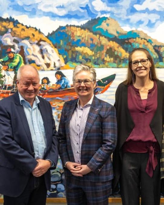 Rich Thompson NVD Board Chair welcomes Dr. Rebecca Major as the first Research Chair in Northern Governance at YukonU along with Pres. Lesley Brown.